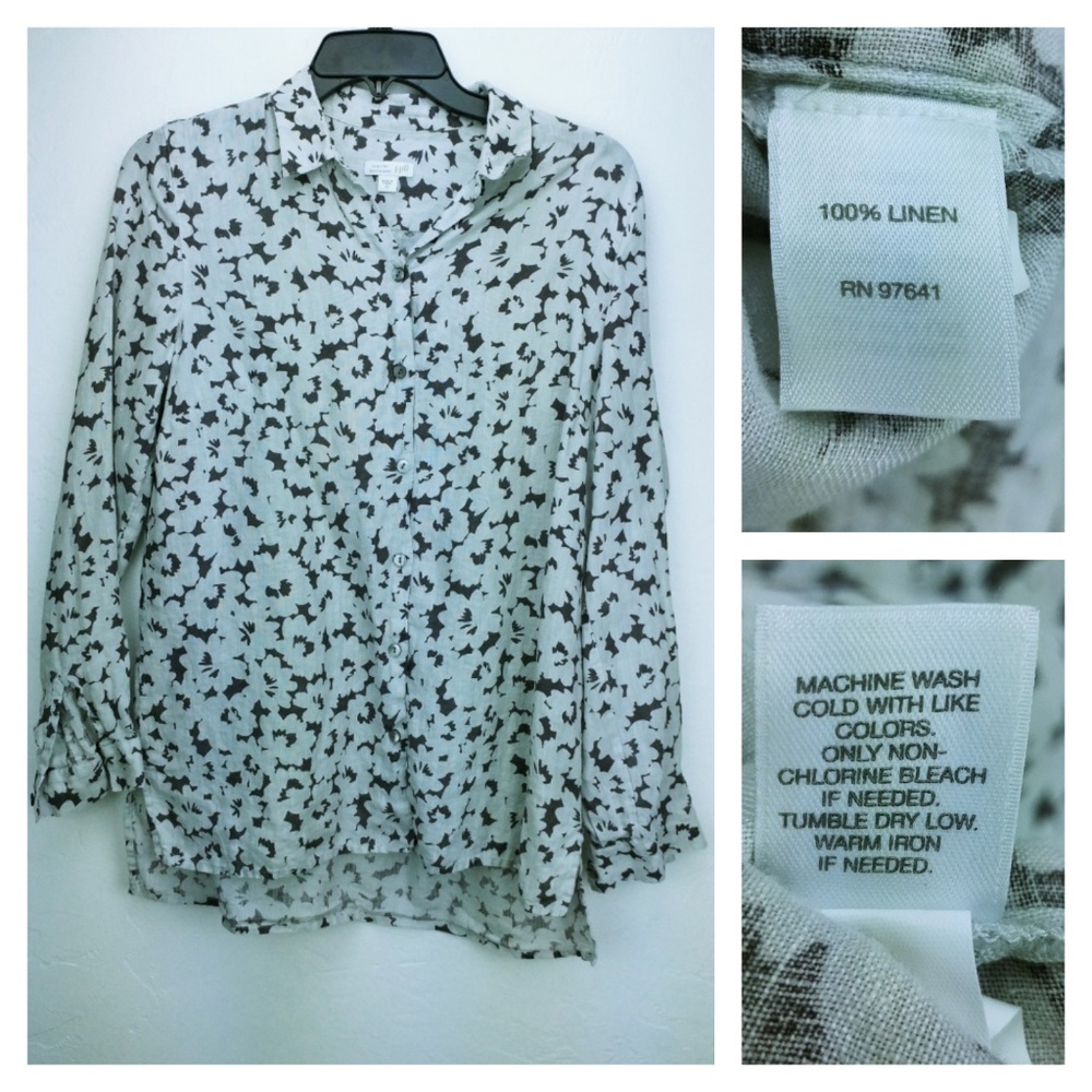 J.Jill linen grey and eggshell floral print top